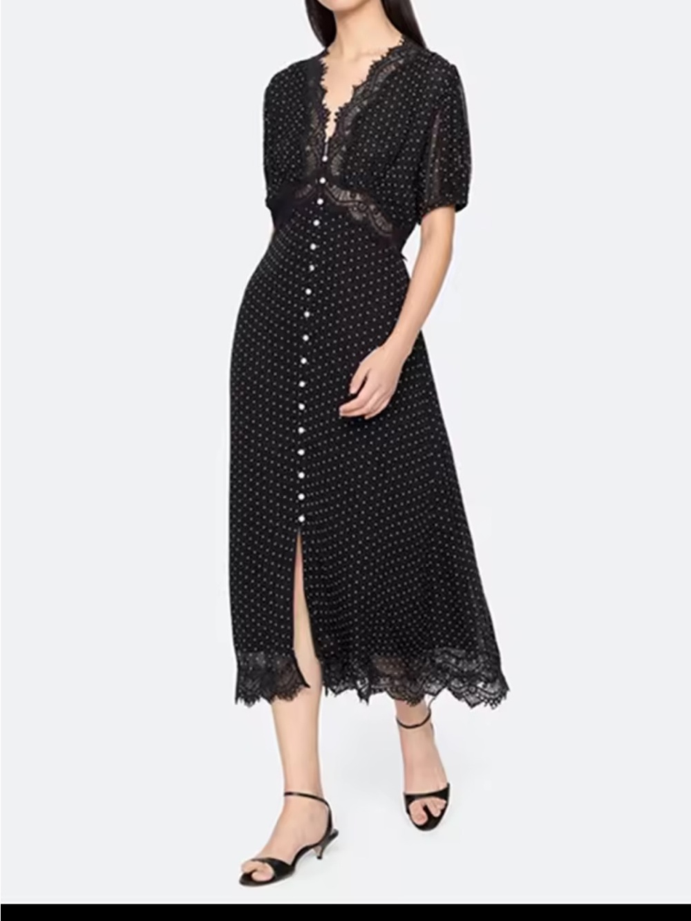 Women's Black Polka Dot Lace-Trim Midi Dress
